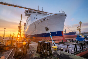 Ro-Ro/Passenger Ship in the dock of the repair yard - 745642463