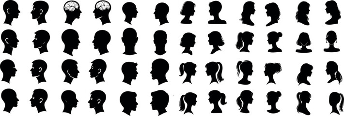 Cameo Silhouette collection, diverse profiles. Ideal for identity, character design visuals. Men, women showcasing various hairstyles, features. Variety in shapes, sizes of heads, hairstyles depicted
 - obrazy, fototapety, plakaty