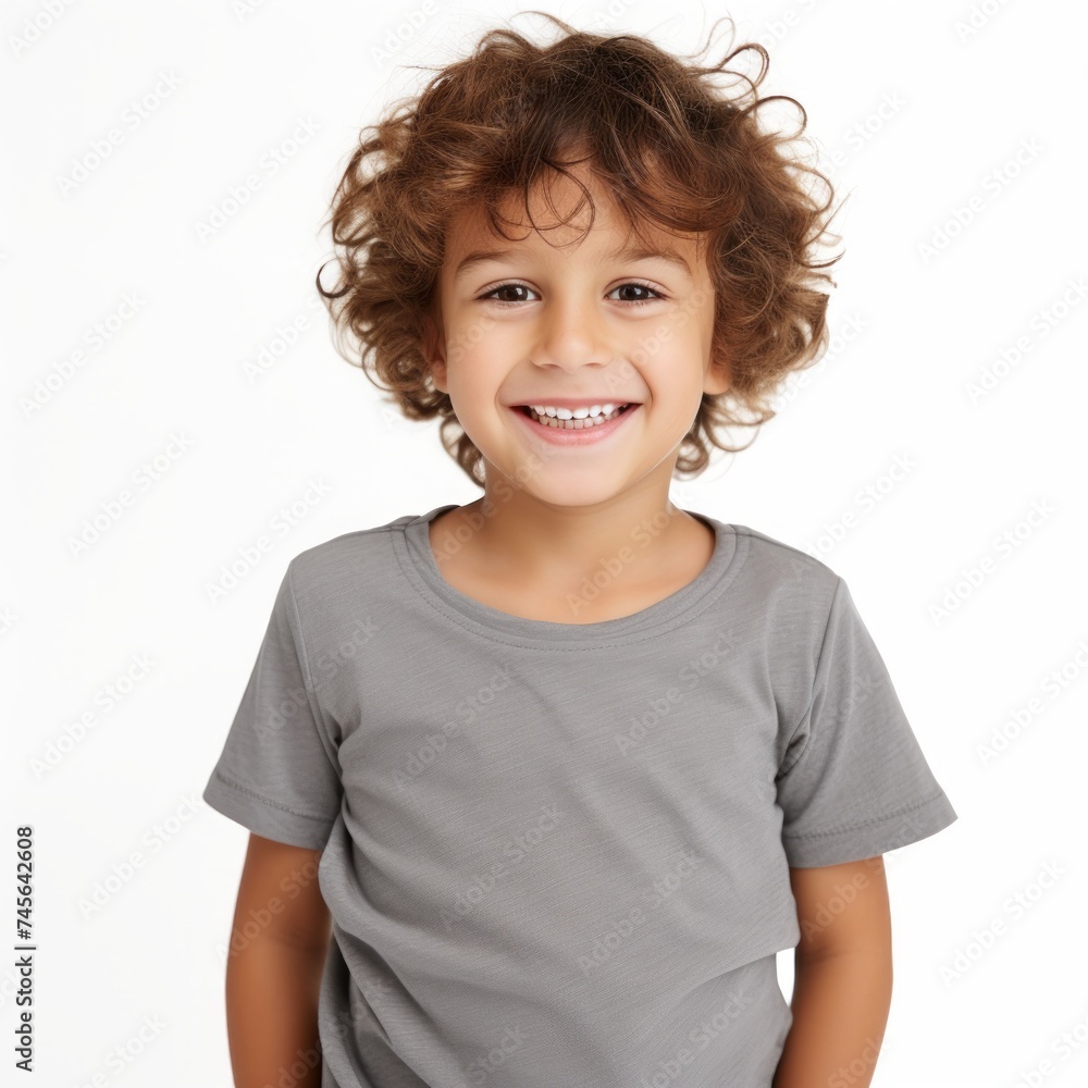 Poster stock image of a child in casual clothing on a plain white background generative ai