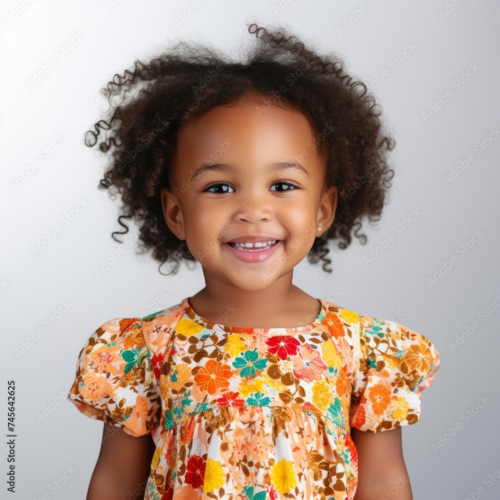 Poster stock image of a child wearing a flower-patterned dress on a white background generative ai