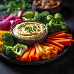 Stock image of a colorful vegetable platter with hummus, bell peppers, carrots, and broccoli, healthy snack Generative AI