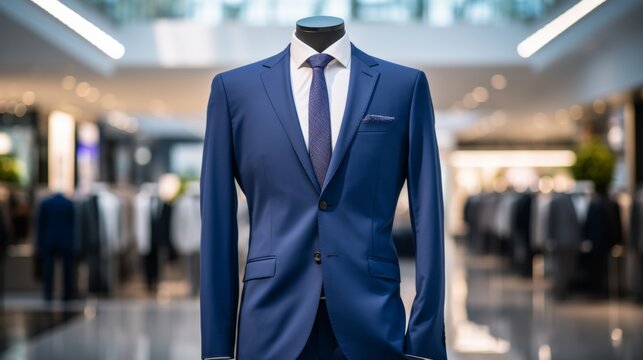 A stylish and elegant suit on display at the mall with ample copy space for text