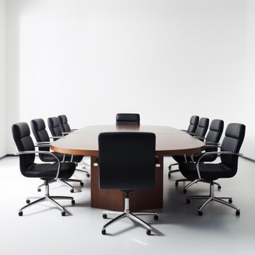 Stock image of a conference room table on a white background, spacious, professional meeting area Generative AI