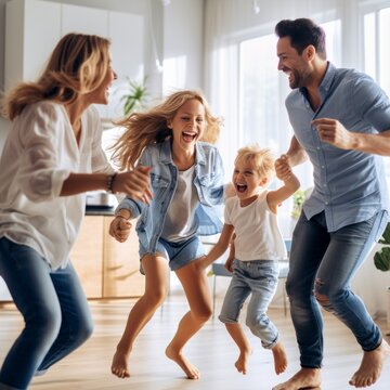 Stock image of a family having a dance party at home, energetic and joyful Generative AI