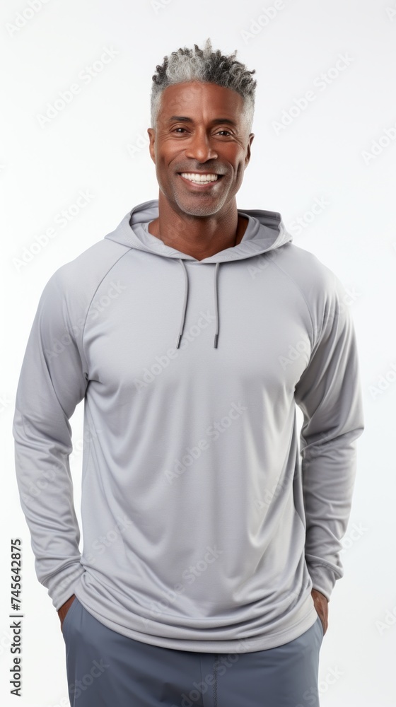 Poster stock image of a man in athletic wear on a plain white background generative ai