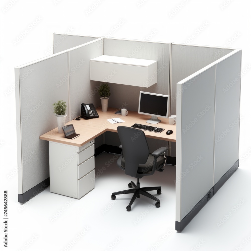 Poster Stock image of a modular office cubicle on a white background, practical, customizable workspace Generative AI