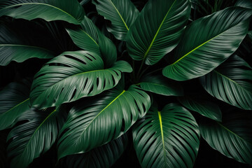 Foliage of tropical leaf in dark green texture, abstract pattern nature background