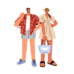 Couple in fashion outfit, summer season. Young stylish man in shorts and woman in dress, wearing trendy clothes, accessories in modern style. Flat vector illustration isolated on white background - 745642819