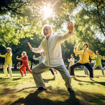 Stock image of a group practicing Tai Chi in a park, promoting holistic health and relaxation Generative AI
