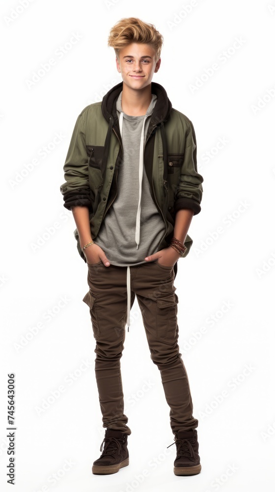 Aufkleber stock image of a teenage boy in fashion-forward attire on a white backdrop generative ai