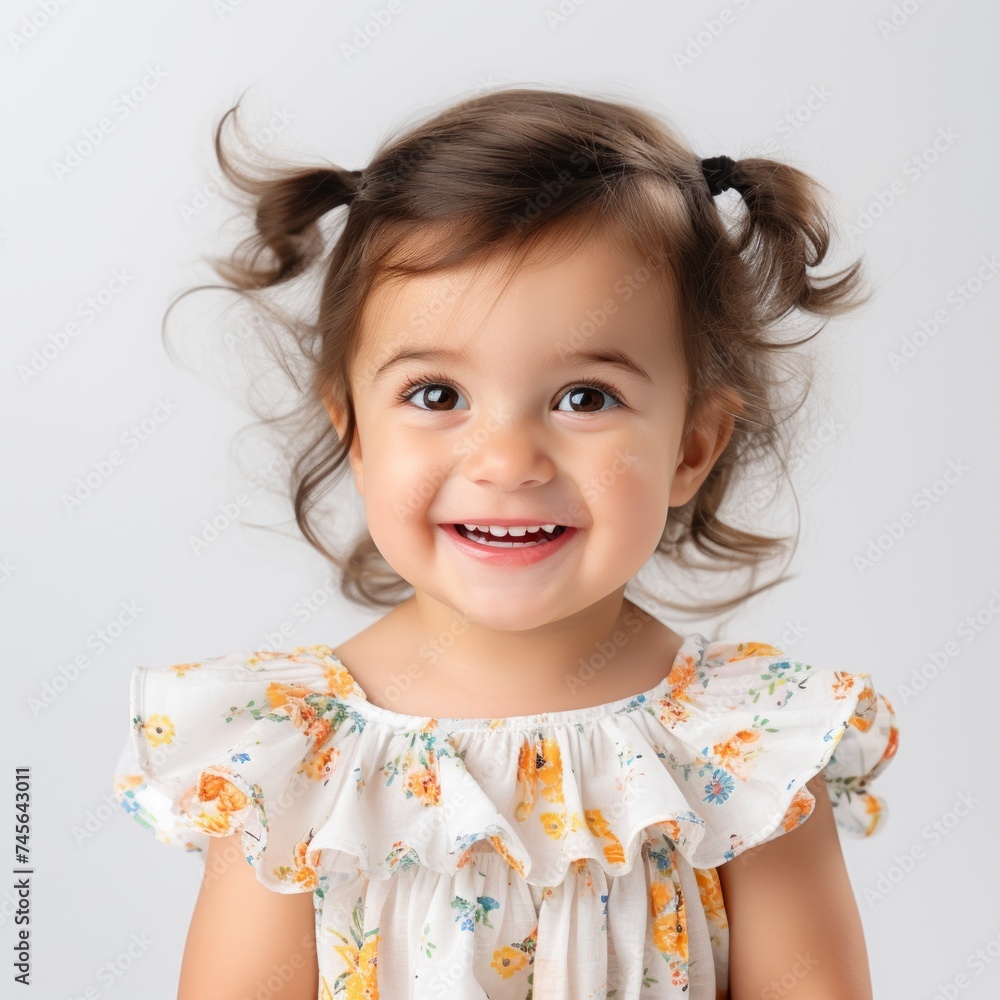 Poster stock image of a toddler in a cute dress against a white backdrop generative ai