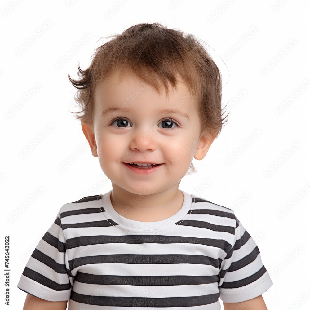 Poster stock image of a toddler in a striped t-shirt on a plain white background generative ai