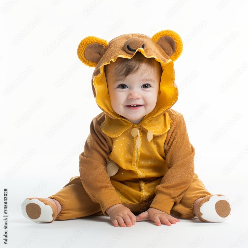 Poster stock image of a toddler in a themed costume on a white backdrop generative ai