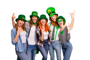 Portrait of nice cool attractive cheerful crazy positive bonding  group guys girls in costumes eyewear eyeglasses showing horns having fun isolated over bright vivid shine background