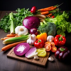 Stock image of a variety of colorful organic vegetables on a cutting board, ingredients for healthy cooking Generative AI