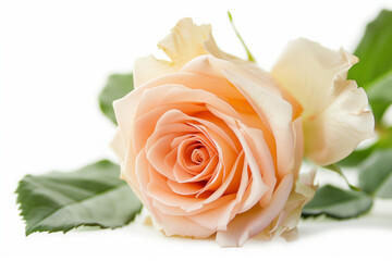 Close-up of a beautiful delicate peach-colored rose with green leaves isoalted on white background