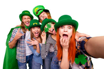 Self-portrait of nice childish comic crazy attractive cheerful positive stylish people guys ladies wearing costumes showing tongue out wow reaction isolated over bright vivid shine background