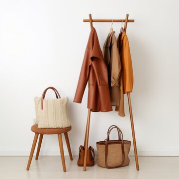 Stock image of a standing coat rack on a white background, organizational, space for coats and bags Generative AI