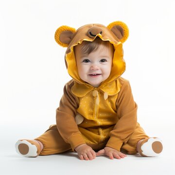 Stock image of a toddler in a themed costume on a white backdrop Generative AI