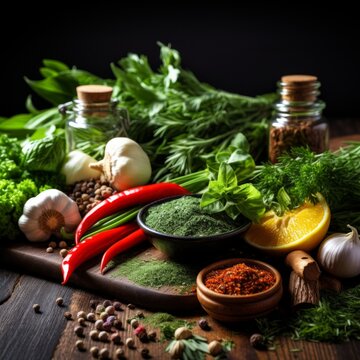 Stock image of a variety of fresh herbs and spices on a kitchen countertop, ingredients for healthy cooking Generative AI