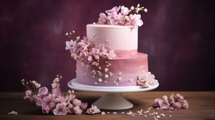 Elegant wedding cake adorned with beautiful flowers, blank space for text or design