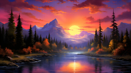 Golden Sunset Over Tranquil River: A Rich Tapestry of Vibrant Hues and Serene Silhouettes