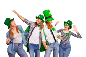 Portrait of nice crazy cool attractive cheerful ecstatic glad positive group guys girls eyeglasses eyewear costumes rejoicing having fun isolated over bright vivid shine background