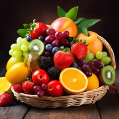 Stock image of colorful assorted fruits arranged in a basket, fresh and vibran Generative AI