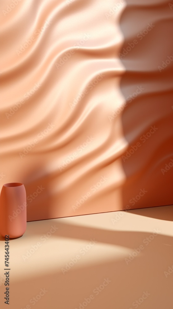 Poster close-up of a minimalistic interior, an empty space near a wavy beige and brown wall with a copy spa