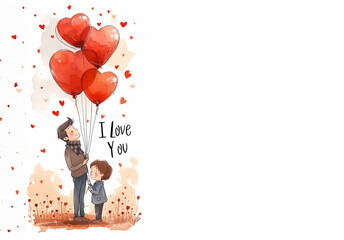 petit garçon et son papa, sous un bouquet de ballons baudruche rouges avec le texte "I love You" en anglais (je t'aime en français) pour la fête des pères. Fond blanc avec espace négatif copyspace 