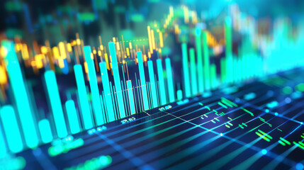 view of a vibrant stock market chart on a digital screen with fluctuating lines illustrating financial data trends.