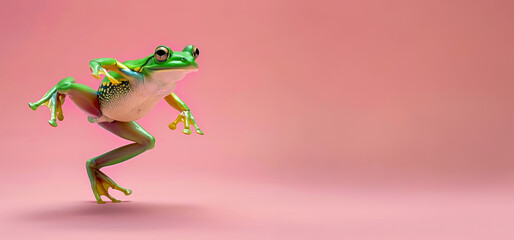 Jumping green frog on trendy pink background - 745643471