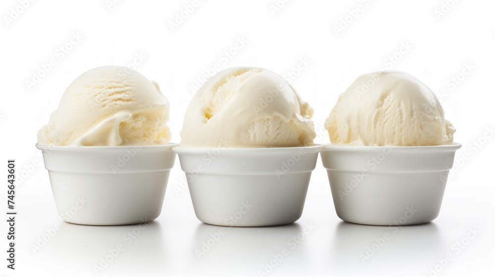 Poster Three scoops of classic vanilla ice cream in a close-up realistic photo against a white background Generative AI