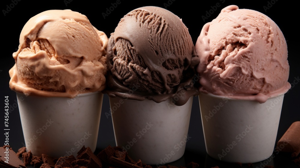 Poster three scoops of indulgent coffee-flavored ice cream showcased in a close-up realistic photo against 