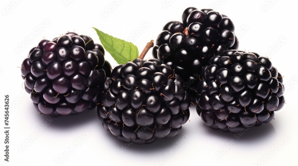Poster sweet, succulent blackberries captured in a close-up realistic photo on a white background generativ