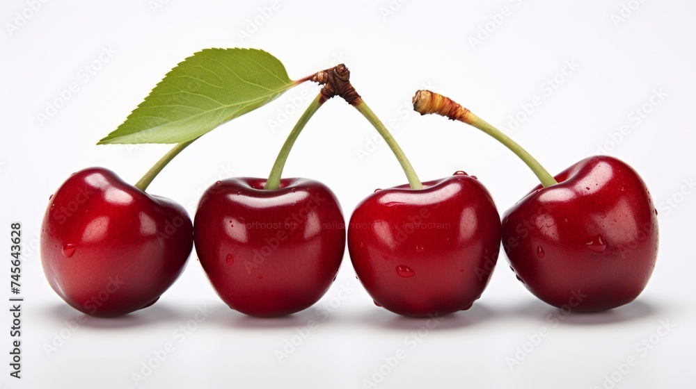 Poster three sweet, ripe red cherries captured in a close-up realistic photo on a white background generati