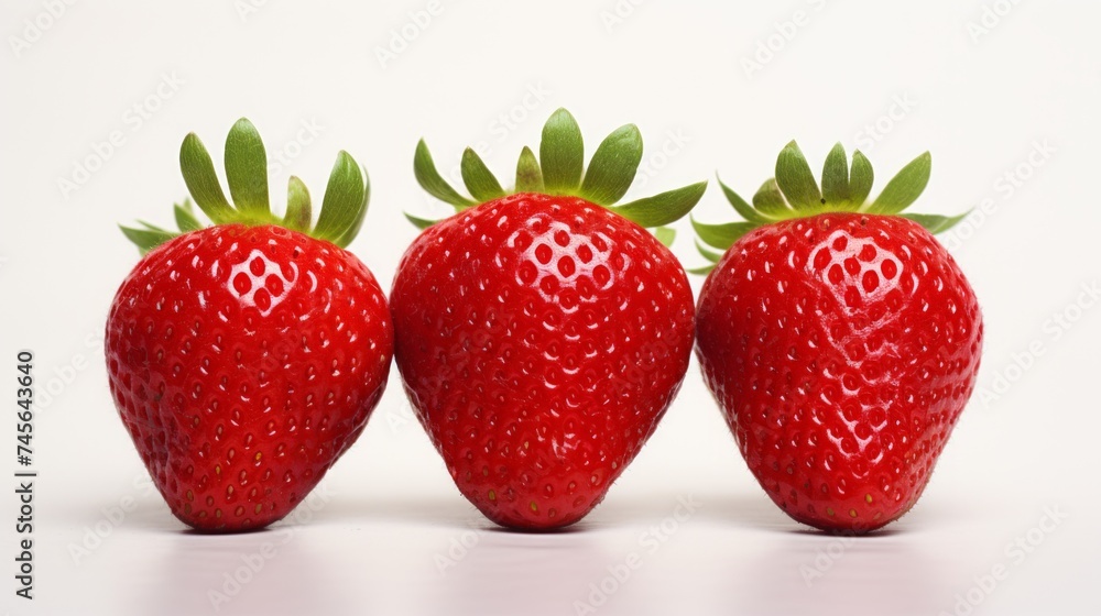 Poster three vibrant red strawberries captured in a close-up realistic photo against a white background gen