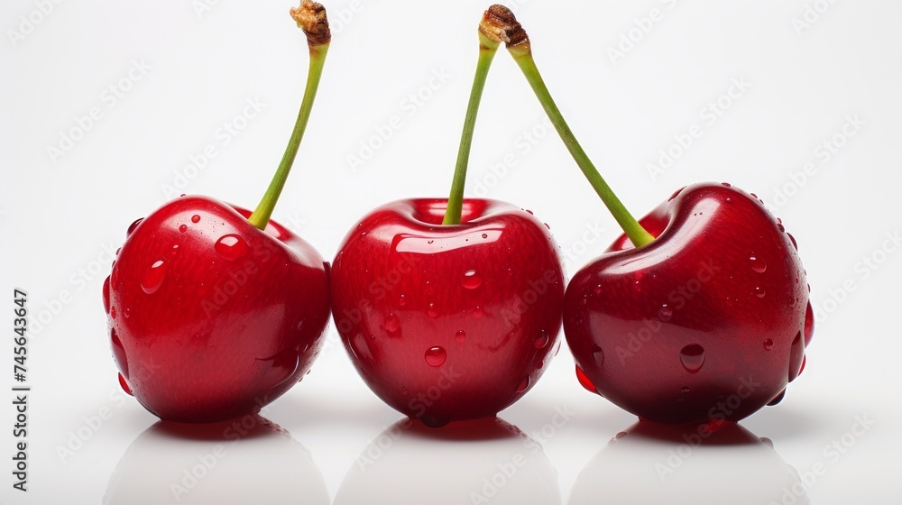 Poster three sweet red cherries captured in a close-up realistic photo on a white background generative ai