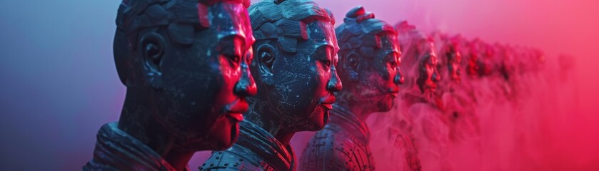 Terracotta Army reimagined with android soldiers, ancient meets AI, fuchsia energy fields - obrazy, fototapety, plakaty