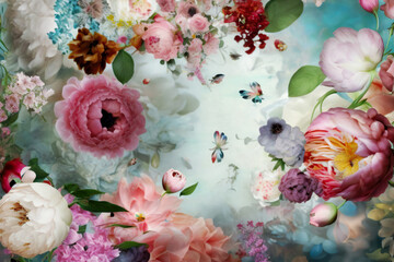 Pastel colored peonies and roses flowers on floral background. AI Generated - 745643623
