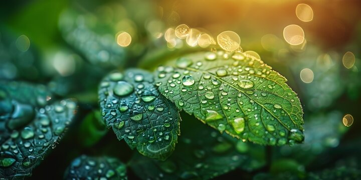 The macro image captures vibrant green leaves adorned with raindrops, symbolizing the purity of nature.
