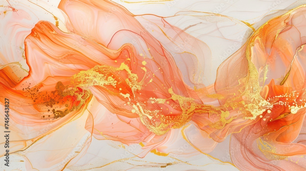 Wall mural A luxurious background banner with abstract peach and gold marble texture, embellished with swirling waves of golden and rose gold tones, complemented by painted splashes.
