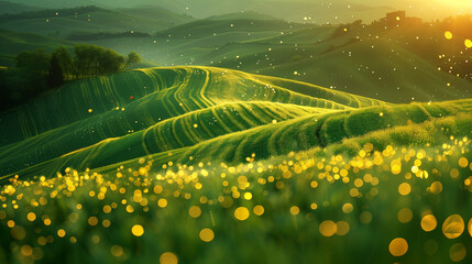A mystical scene of sparkling fireflies lighting up the rolling green hills during twilight, creating a magical landscape.