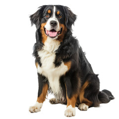 Pet, Bernese mountain dog, sits in full face, looks into the camera lens. PNG