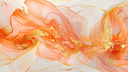 A luxurious background banner with abstract peach and gold marble texture, embellished with swirling waves of golden and rose gold tones, complemented by painted splashes.
