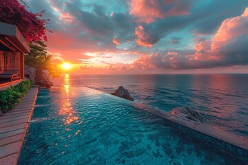 The tranquil ambiance of the pool villa, set against the backdrop of the sunset over the azure sea, imbues the idyllic beach resort with a romantic glow. - obrazy, fototapety, plakaty