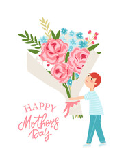 Illustration with boy holding bouquet
