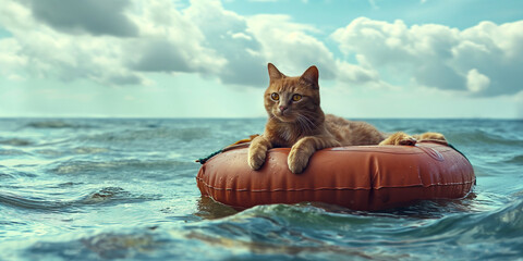 바다에 표류된 고양이 - obrazy, fototapety, plakaty
