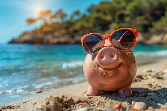 There is a piggy bank with sunglasses on the beach, symbolizing financial well-being amid the summer holidays.