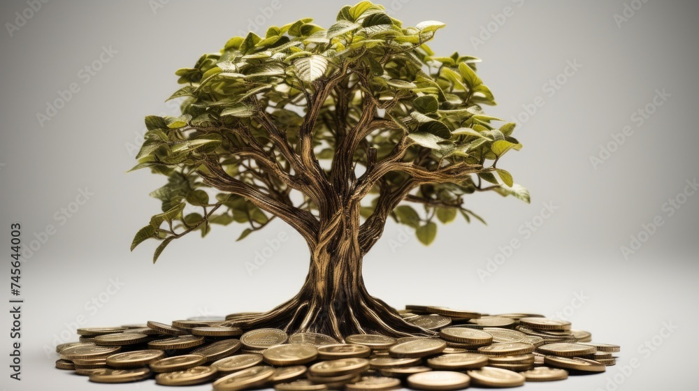 Poster Generative AI Ultra-realistic depiction showcasing a tree on a white background as a powerful symbol of capital growth, juxtaposed with a coin. Realistic and detailed portrayal emphasizing the relatio